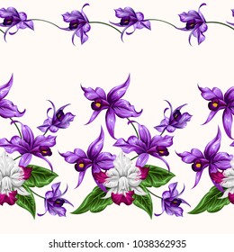Seamless border with bright cute flowers of orchids.Tropical exotic print for fabric, textile, wallpaper.