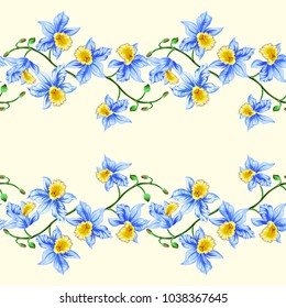 Seamless border with bright cute flowers of orchids.Tropical exotic print for fabric, textile, wallpaper. Satin print.