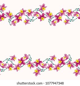Seamless border with bright cute flowers of orchids.Tropical exotic print for fabric, textile, wallpaper. Satin print.