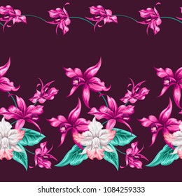 Seamless border with bright cute flowers of orchids.Tropical exotic print for fabric, textile, wallpaper. Satin print.