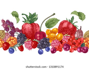 Seamless border with bright hand drawn berries. Vector illustration