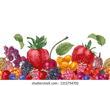 Seamless border with bright hand drawn berries. Vector illustration