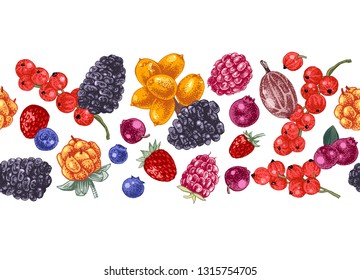 Seamless border with bright hand drawn berries. Vector illustration