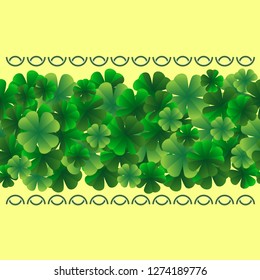 Seamless border, bright leaves of clover. Template. St. Patrick's Day design element. Vector graphics.