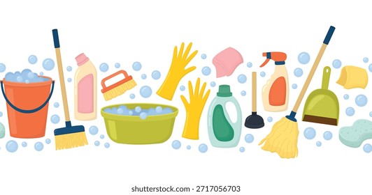 Seamless border with brush, sponge, spray, bucket, rubber gloves, mop, bottles, soap bubbles. Horizontal background with bright objects for cleaning