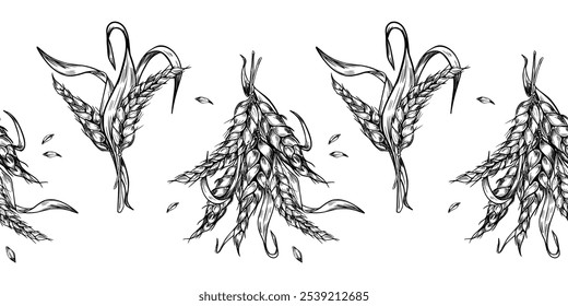 Nahtloser Rand von Haufen Weizenähren mit trockenem Kraut und Körnern schwarz-weiß grafische Vektor einzeln. Spikelet Roggen, Gerstenstiele monochrom handgezeichnete botanische Banner für Design Naturprodukt, Bäckerei