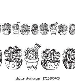 Seamless border with cactus home pot plants. Botanical vector hand drawn illustration in sketch style. Concept of interior, design, photosynthesis, office decoration, cozy house, florist