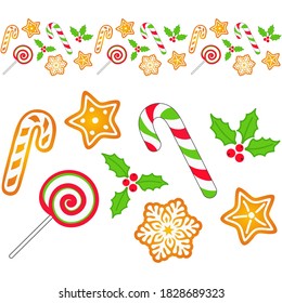 Seamless border with candy cane, lollipop, gingerbread, cookies, mistletoe and Christmas Holly berries. Vector template, horizontal pattern for holiday greeting card, banner, flyer, printing on ribbon