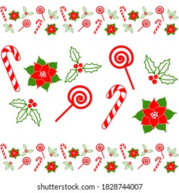Borde con caña de caramelo, langostinos, mistletoe, bayas de Navidad y poinsettia. Plantilla vectorial, patrón horizontal para tarjeta de saludo de vacaciones, banner, volante, diseño navideño, empaque