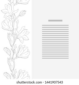 Seamless border and card template with hand drawn magnolia flower with branches and leaves vector illustration