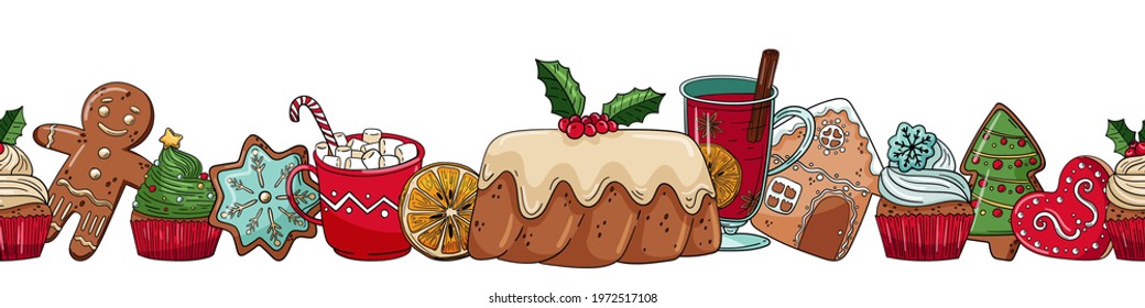 Seamless border with cartoon christmas food. Gingerbread, muffins, hot chocolate, mulled wine. Vector illustration