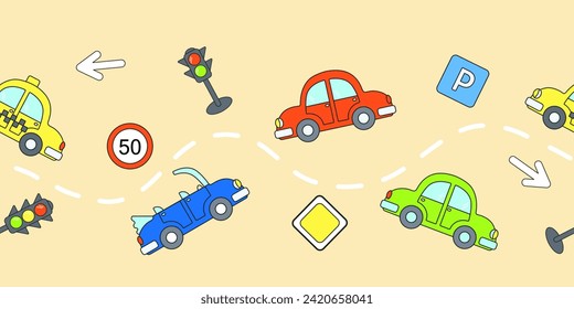 Seamless border with cartoon colored cars, traffic lights, road signs on a beige background. Vector illustration for wallpaper, print, fabrics.
