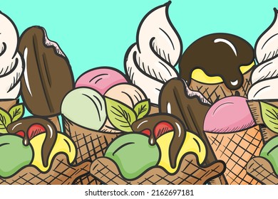 Seamless Border Of Cartoon Colored Ice Cream