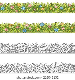 Seamless border of cartoon grass and flowers. To make it seamless please join the two parts.
