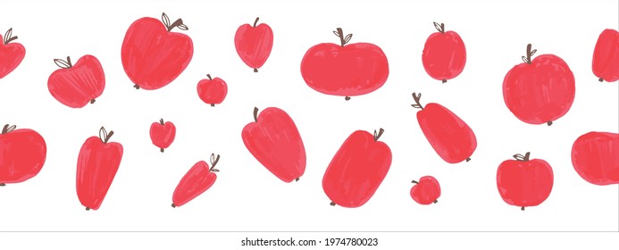 Seamless border with with cartoon red apples. Sketch. Hand-drawn graphics. Line art. Markers. Vector illustration
