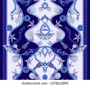 Seamless border with chains, anchors and shells