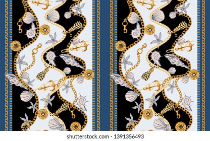 Seamless border with chains, anchors and shells