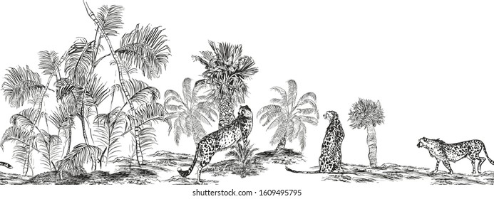 Seamless Border Cheetah Animals Wildlife in Palm Trees Jungle Forest Outline Lithography Graphic Black and White Drawing, Panoramic View, Tropics High End on White Background