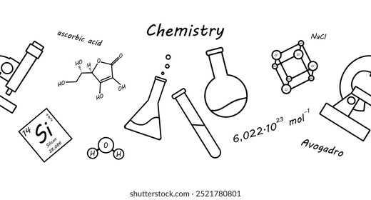 Borda perfeita de ícones químicos, microscópio, molécula, composto químico. Contorno preto em um fundo branco. Ilustração vetorial para papel de parede, material escolar, impressão.