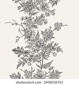 Seamless border with cherry and kerry flowers. Blooming branches of garden trees. Vintage floral pattern. Black and white