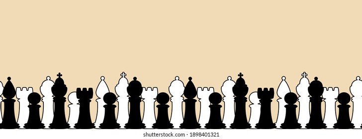 Seamless border with chess pieces. Vector background with chess king, queen, rook, bishop, knights, pawn.