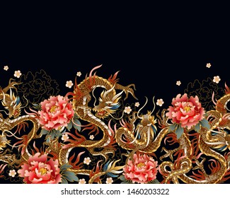 Seamless border with Chinese traditional dragon, peonies and sakura. vector.