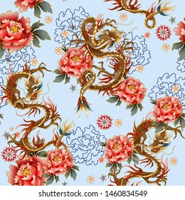 Seamless border with Chinese traditional dragon, peonies and sakura. vector.