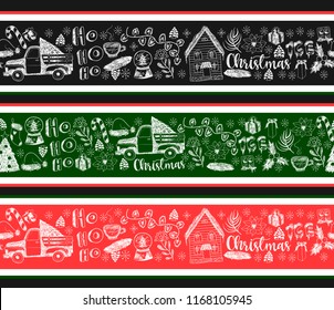 Seamless border with  Christmas  elements painted chalk on blackboard. 