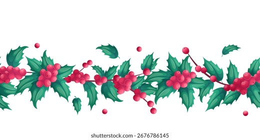 Nahtlose Umrandung mit weihnachtlichen Holly-Zweigen. Das Konzept von Weihnachten, Neujahr, Urlaub. Vektorgrafik für Postkarten, Poster, Banner, Websites, Druckdesign
