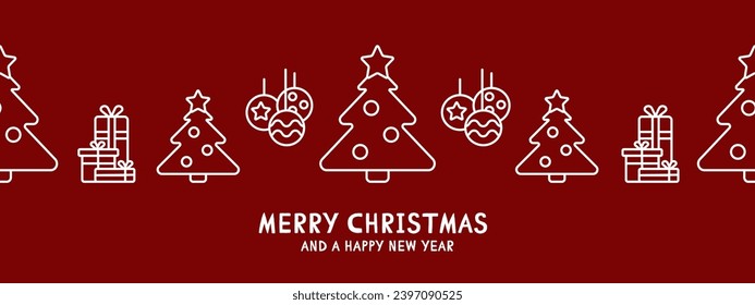 Seamless border with Christmas and New Year symbols. Christmas tree, Christmas balls, gifts. A white outline on a red background. Simple style. Greeting cards, websites, advertising, banner