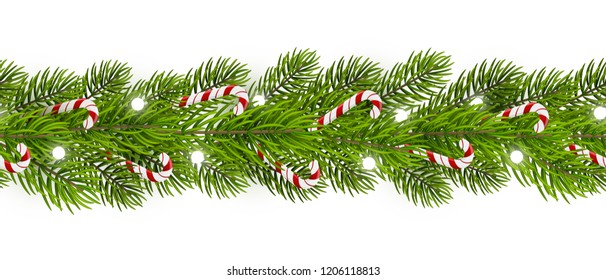 Seamless border with Christmas tree and candy canes