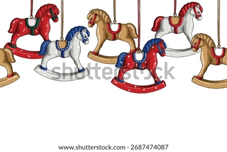 Seamless border with Christmas tree toy rocking horse animal isolated on white background. Hand drawn illustration sketch.