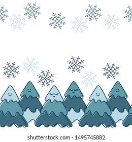 Seamless border. Christmas trees with cute emotional faces. New year poster or postcard. Festive decor, Hand drawn vector illustration.