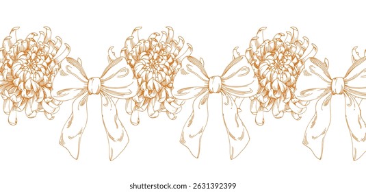Seamless border of chrysanthemums and a bow. Handmade ink illustration. For packaging design, cards, cover, prints, product labels and fabric.