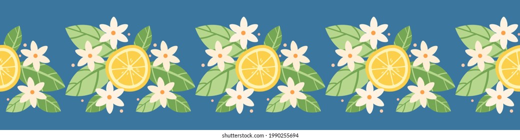 seamless border of citrus slices, blossoming lemon flowers. vector illustration.