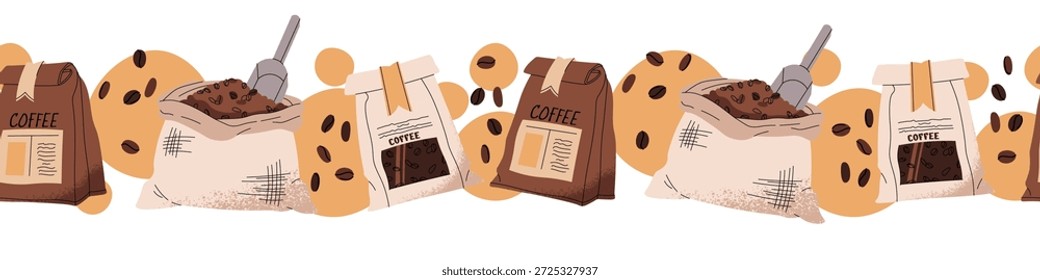 Nahtlose Umrandung mit Kaffeebeutel, Bohnen und Schleifen im flachen Stil. Wiederholte Kaffee-Liebhaber-Muster für Café-Tapete, Verpackung, Branding, Menü und Einzelhandel Dekor. Kunsthandwerkliches Braukonzept