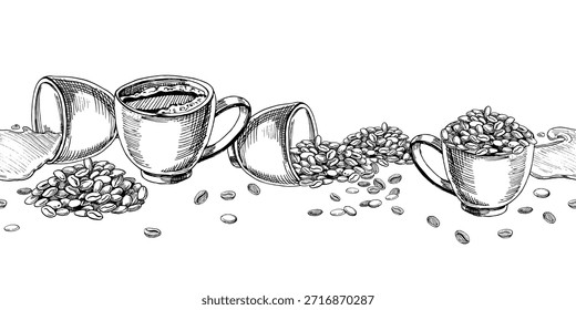 Seamless border with coffee cups and coffee beans. Vector illustration for cafe and restaurant interiors, menus, packaging, and product branding.