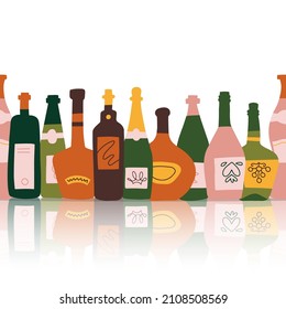 Seamless border - Collection of alcoholic drinks. Group of bottles of alcohol standing nearby with reflection on table . Hand drawn flat vector Illustration isolated.