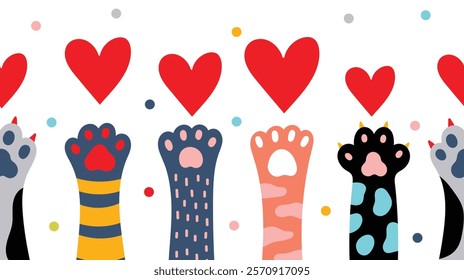 Seamless border colored cat paws and htarts.Vector illustration. Cute Valentine's Day illustration