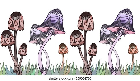 Seamless border with colored mushrooms decorated boho pattern and grass. Doodle element. Vector element for invitations, greeting cards, and your design.