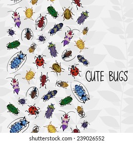 Seamless border with colorful bugs and place for text. Bright vector drawing of small beetles. Insect on the background with gray leaves. Cartoon bug wallpaper.