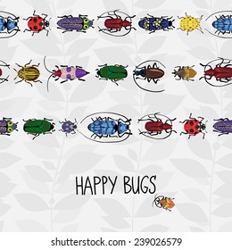 Seamless border with colorful bugs and place for text. Bright vector drawing of small beetles. Insect on the background with gray leaves. Cartoon bug wallpaper.