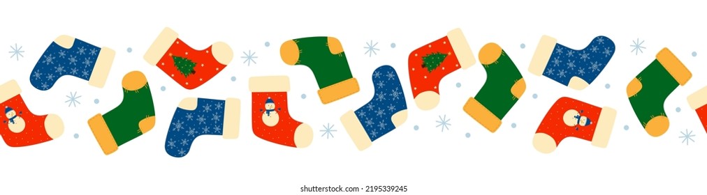 Seamless border of colorful Christmas socks on white background. Doodle style. Vector illustration