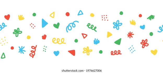 Seamless border with colorful decorative scribble shapes party sprinkles. Repeating horizontal banner vector pattern doodle shapes. Use as footer, divider, ribbon, trim, party decor, kids party.