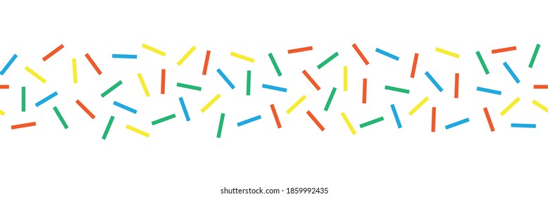 Seamless border with colorful decorative sprinkles. Repeating horizontal banner background rectangle shapes. Vector donut glaze pastry elements. Use as footer, divider, ribbon, trim, party decor.