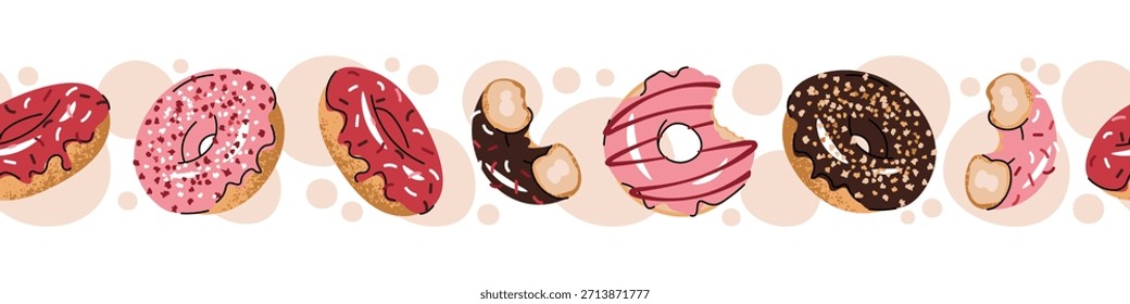 Seamless Border With Colorful Donuts In Flat Style. Repeating Sweet Pastry Pattern For Coffee Shop Wallpaper, Bakery Packaging, Cafe Menu And Decor Design. Delicious Branding Concept.