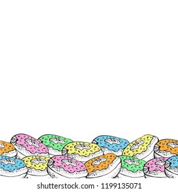 Seamless border with colorful donuts with glaze and sprinkles. Doughnuts collection of cartoon dessert isolated on white background. Pattern for menu design, cafe decoration, delivery box.