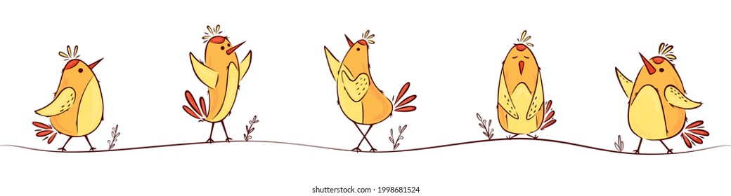Seamless border with colorful hand drawn birds. Design element for t-shirt, home textiles, wrapping paper, children's textiles. Vector illustration isolated on a white background.
