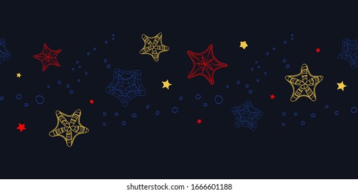 Seamless border with colorful outline hand-drawn starfish. Decoration childish element for packaging, frame.