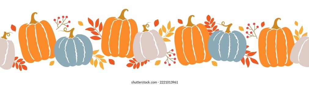 Seamless border of colorful pumpkins, autumn leaves and berries. Template for cozy autumn design. Vector illustration